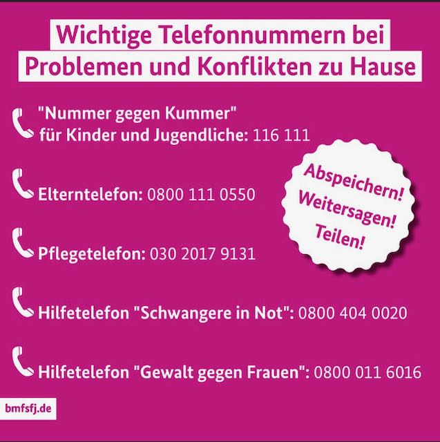 Plakat wichtiger Teleonnummern bei Problemen und Konflikten zu Hause des Bundesministeriums für Familien, Senioren, Frauen und Jugend (© BMFSFJ)